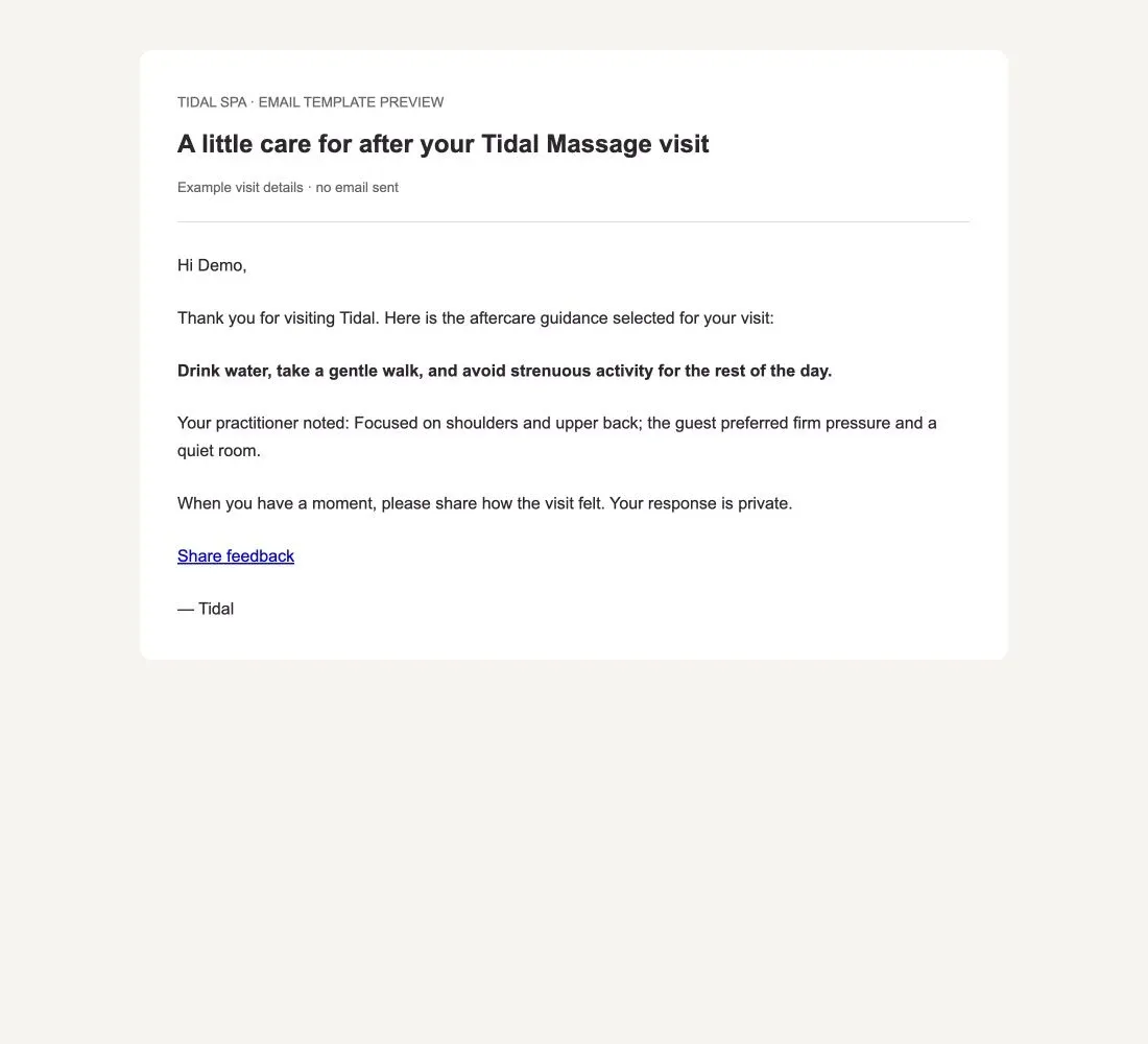 Current post-visit email template preview with example aftercare.