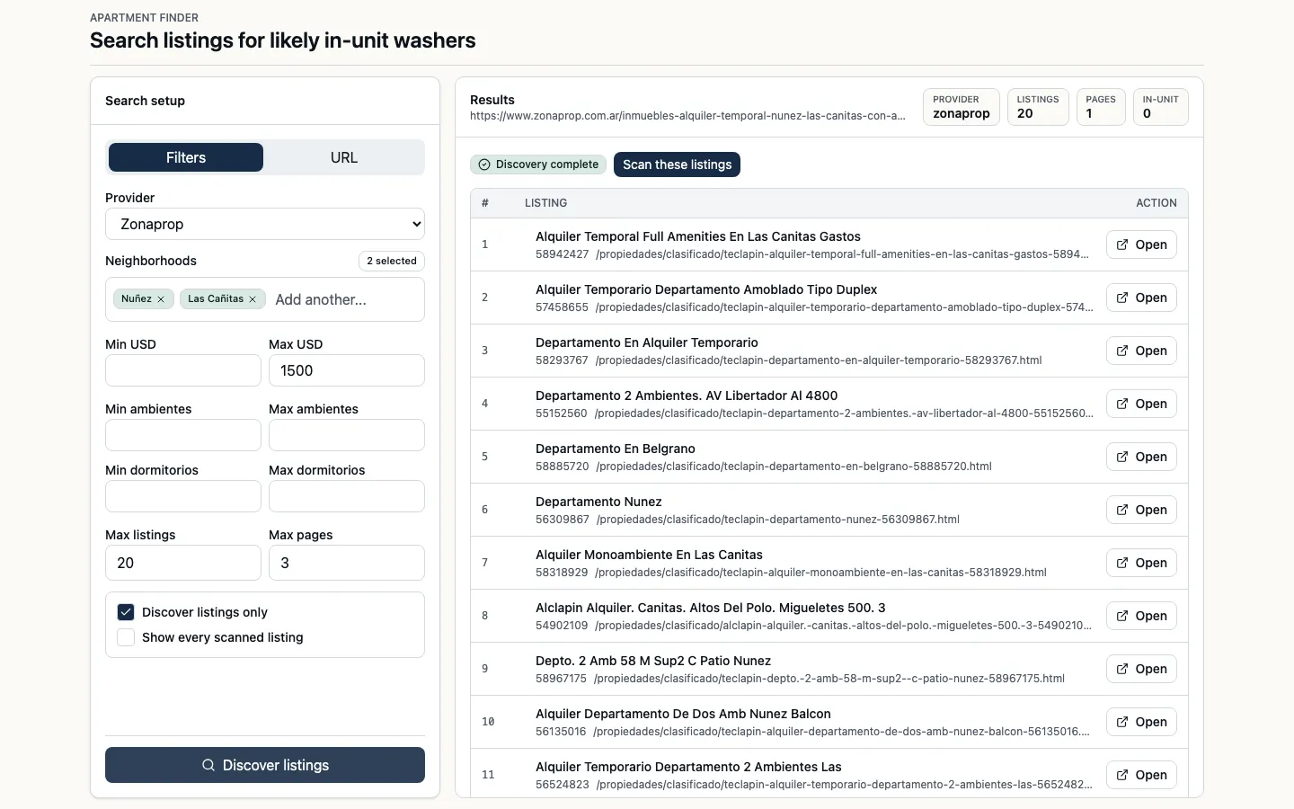 Apartment Finder search and listing-discovery interface.