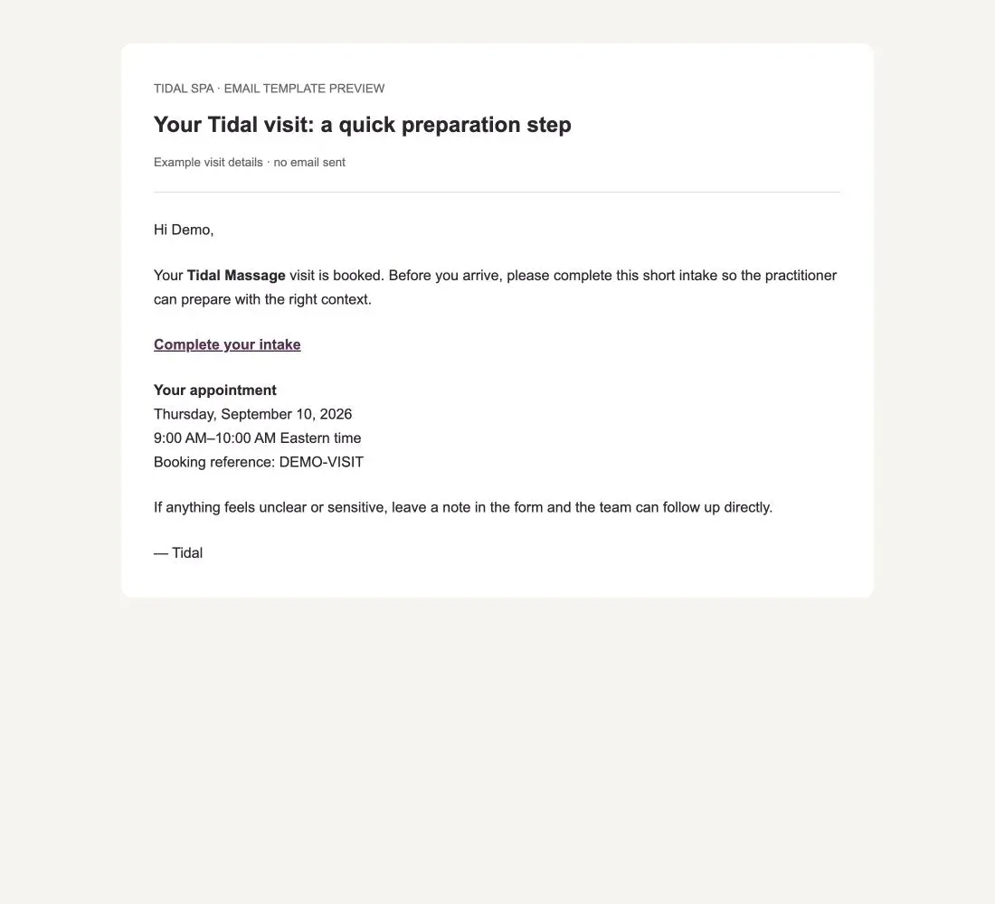 Current booking confirmation template preview with example appointment details and intake link.