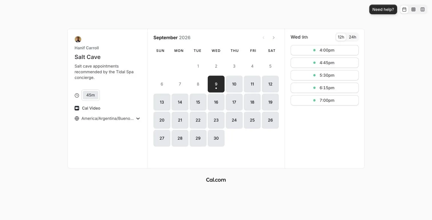 Cal.com Salt Cave booking page showing a 45-minute service, calendar dates, and available appointment times.