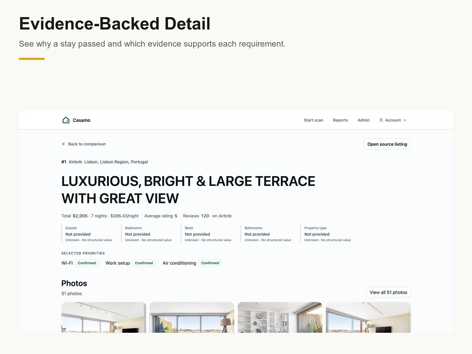 Casamo stay detail view showing confirmed priorities, listing facts, and property photos.