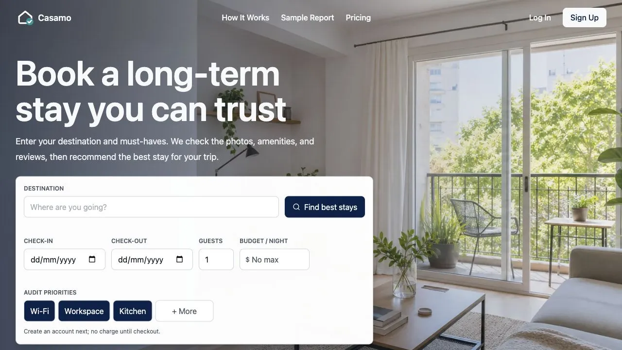 Casamo homepage showing the stay search form and audit priorities over a furnished apartment.