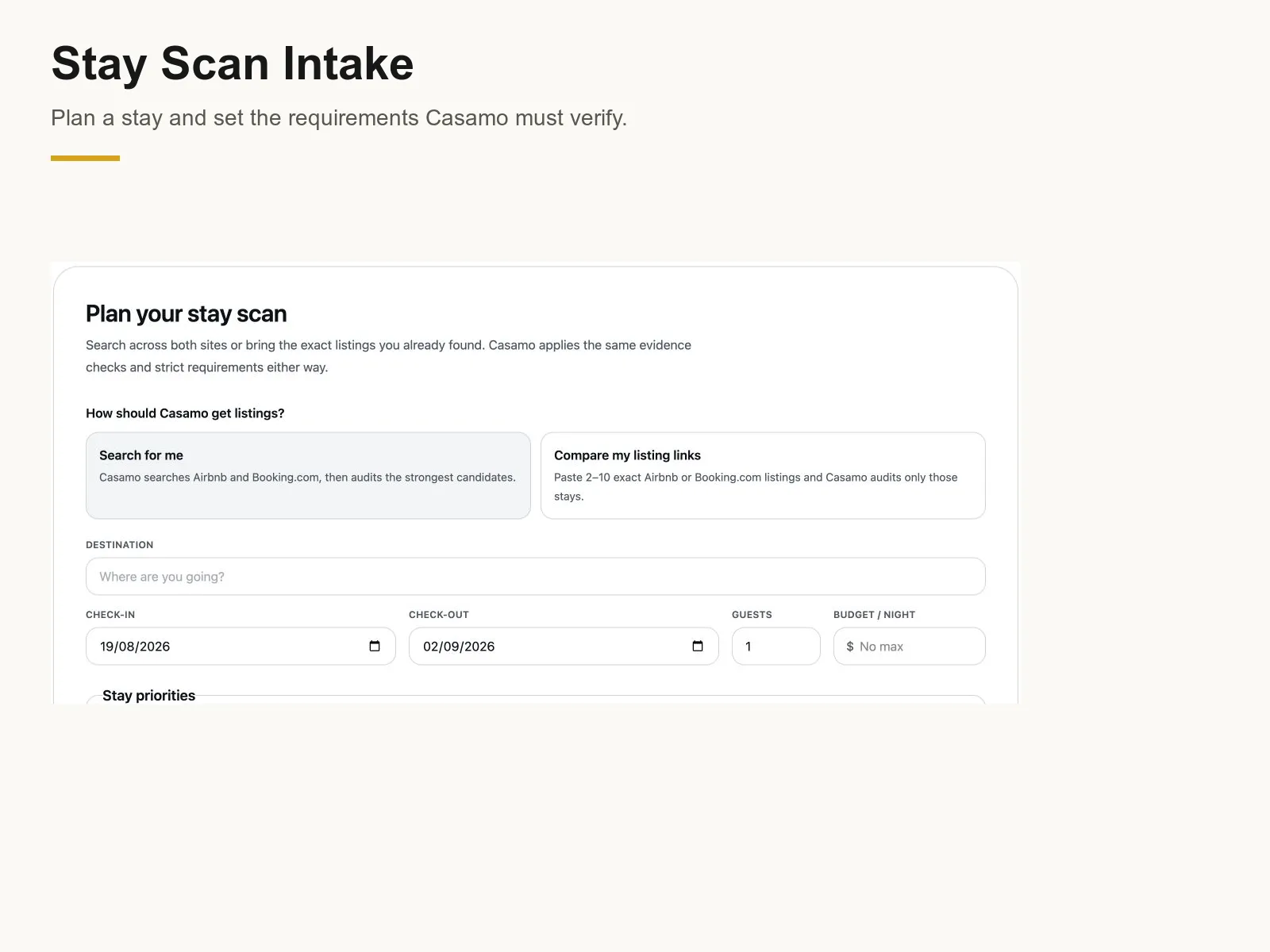 Casamo stay scan intake form for destination, dates, guests, budget, and listing search mode.