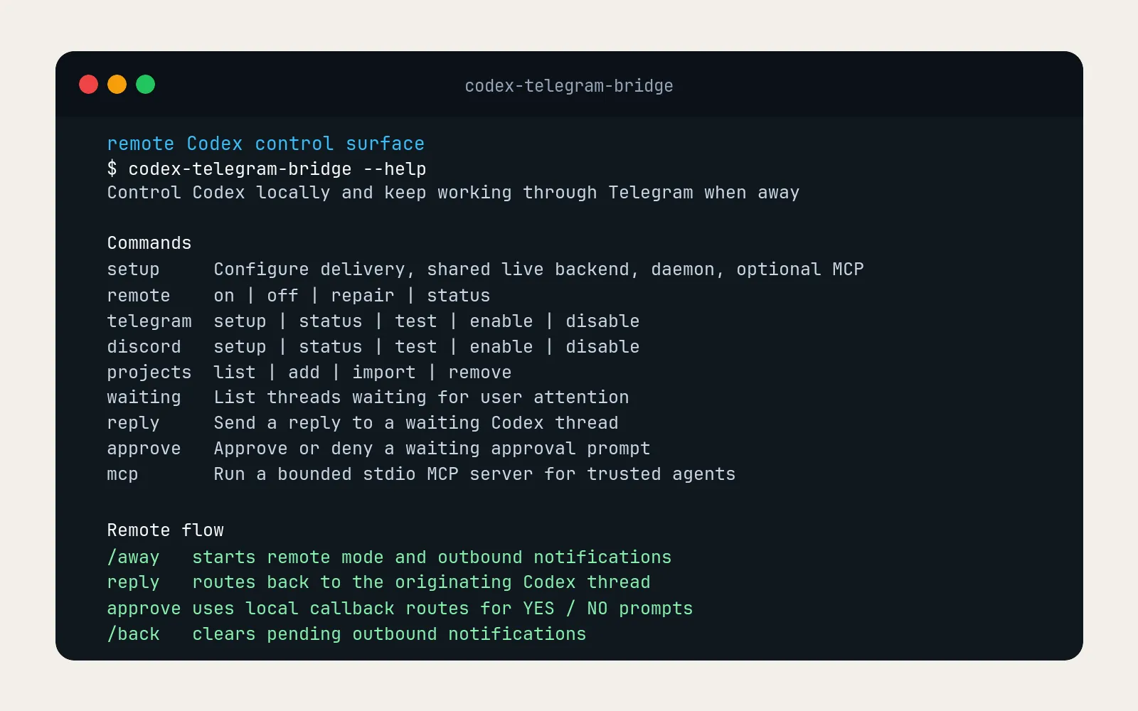 Codex Telegram Bridge terminal-style command surface showing setup, remote, Telegram, Discord, project, reply, approve, and MCP commands.
