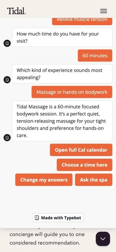 Published Tidal Spa concierge recommending a 60-minute massage before showing booking and staff-help actions.
