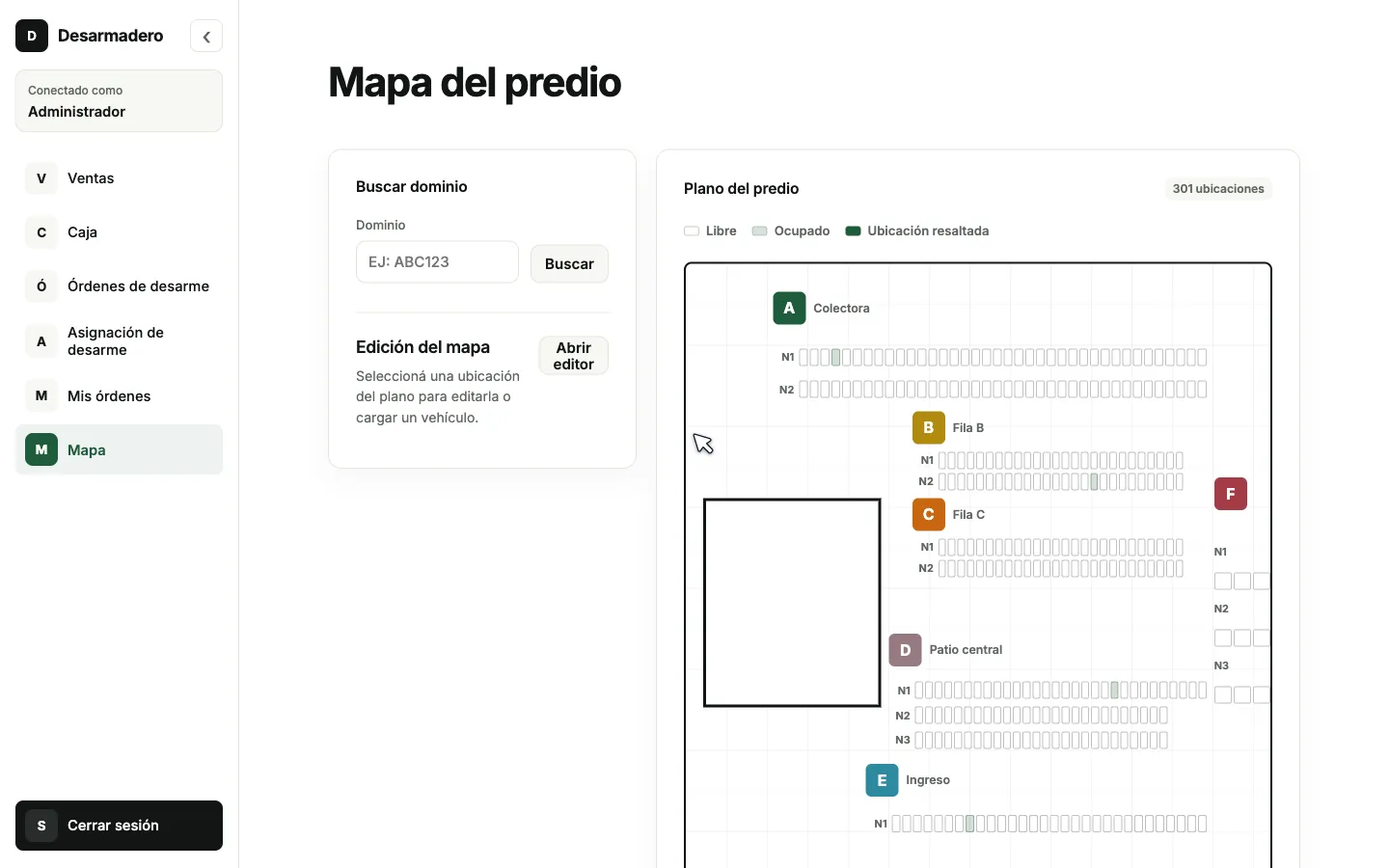 Desarmadero prototype yard map with 301 locations and plate search.