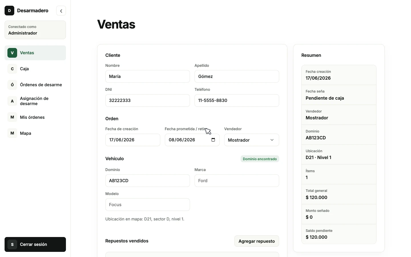 Desarmadero operations prototype showing the counter sales workflow and live order summary.