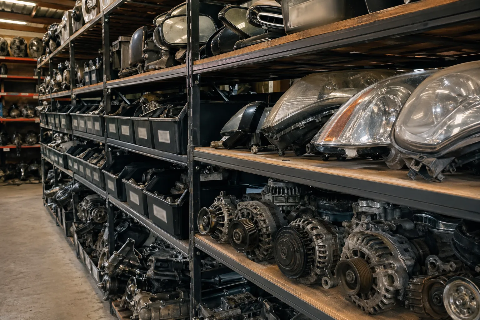 Organized shelves of used auto parts in a stockroom.