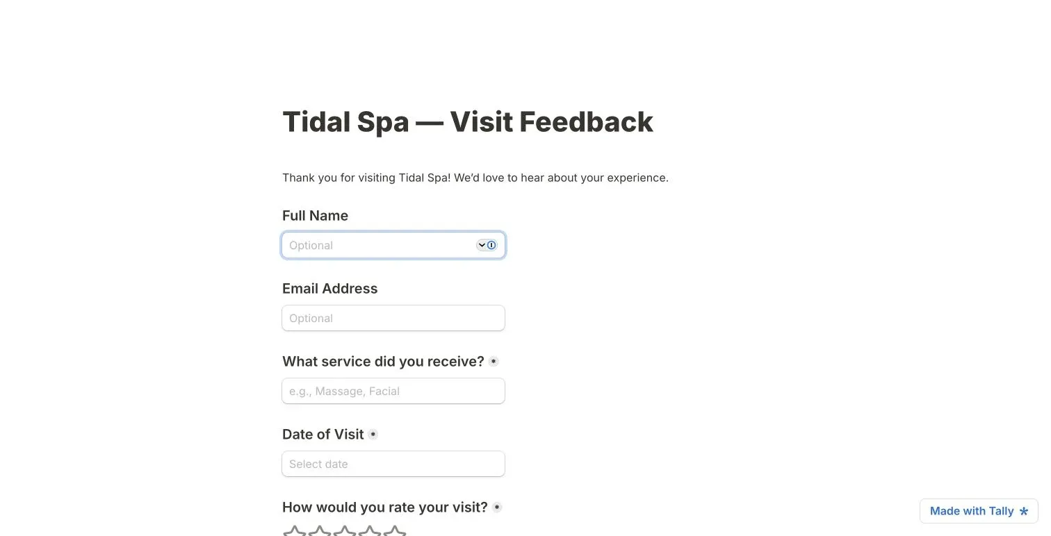 Published Tally feedback form asking about the visit and whether staff should respond.