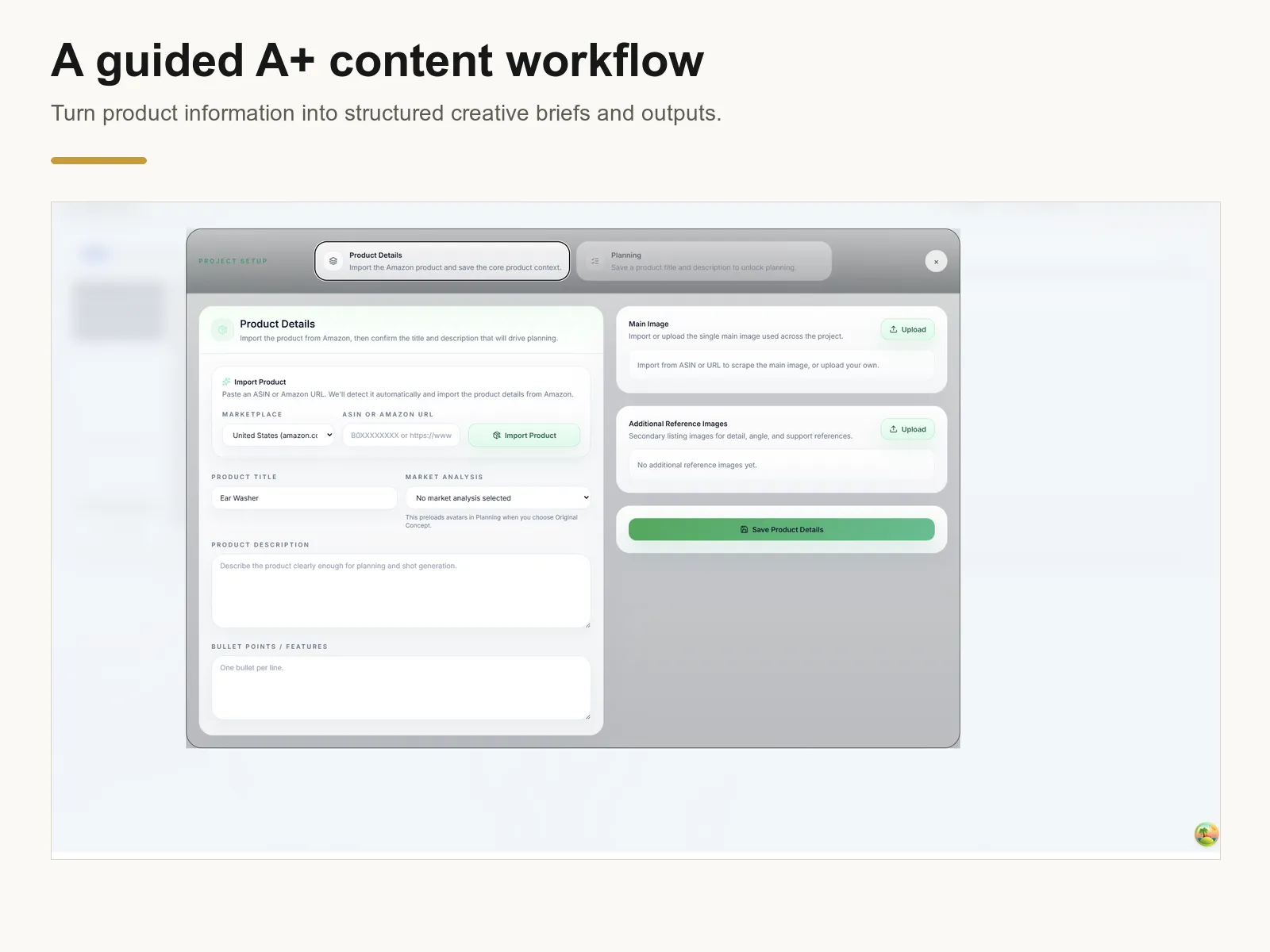 Genrupt guided A+ content workflow turning product information into structured creative outputs.