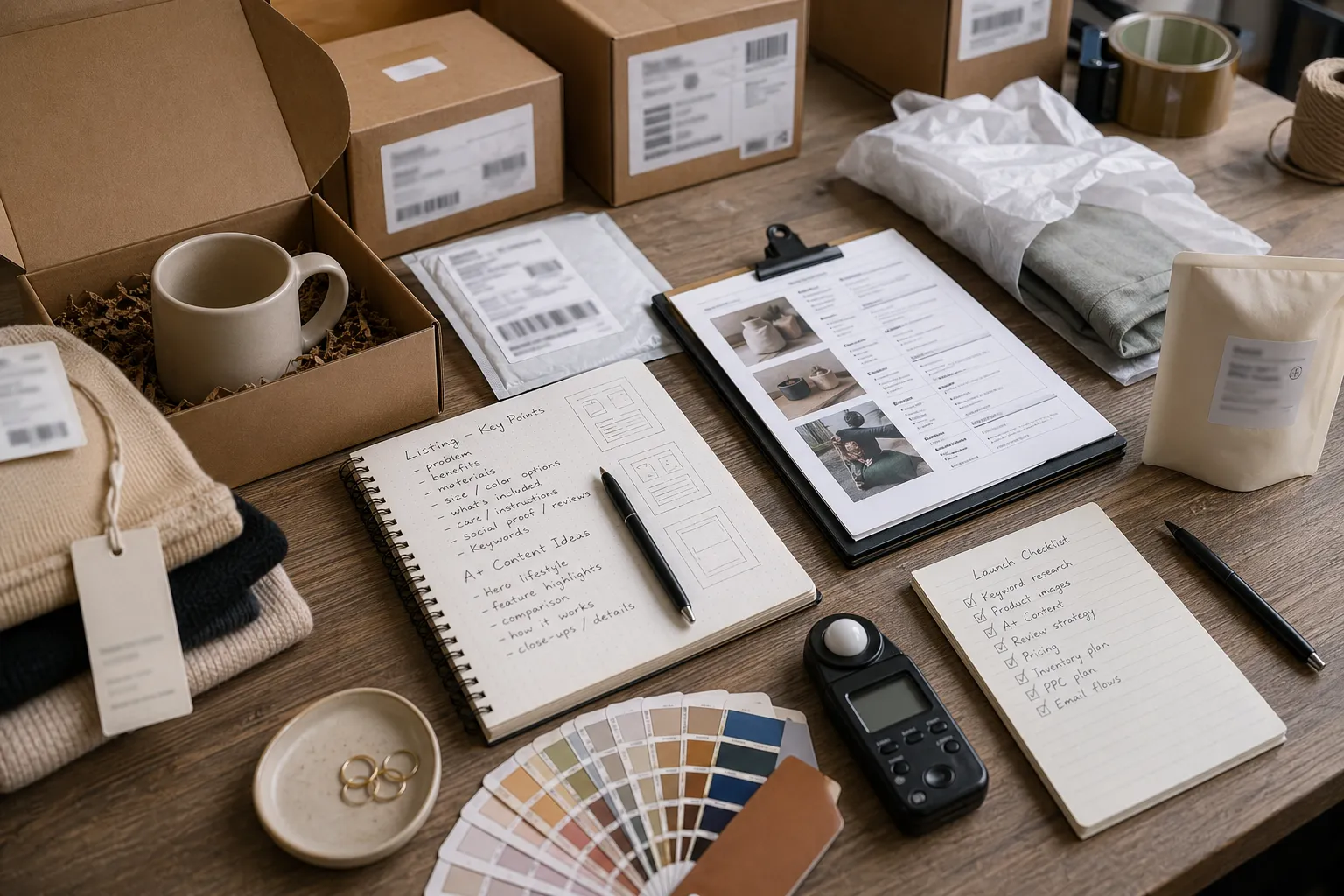 E-commerce creative operations desk with packages, notes, and product materials.