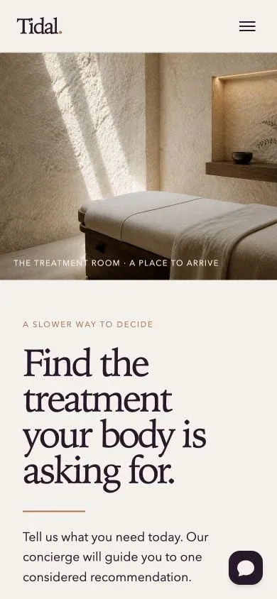 Tidal Spa mobile homepage with a floating concierge prompt over the service-guidance section.