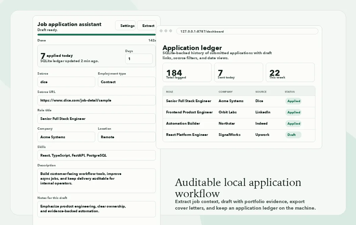 Job Application Assistant side panel and local dashboard showing a draft workflow and SQLite application ledger.
