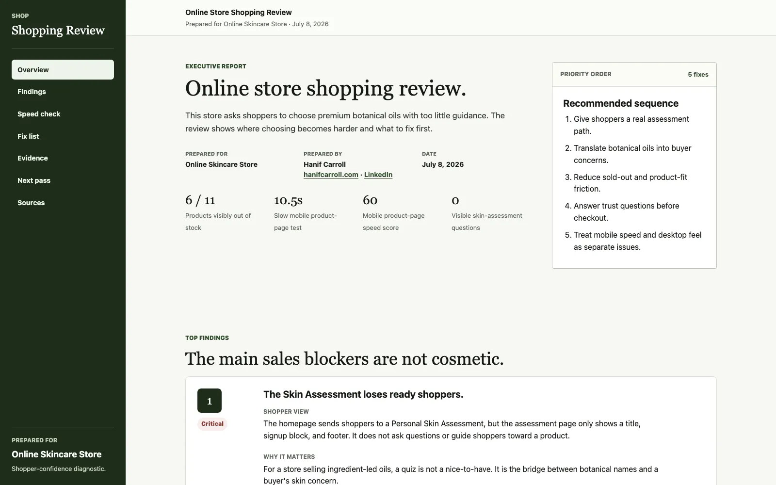 Online store conversion report showing five recommended fixes, stock availability, mobile speed, and the first priority finding.