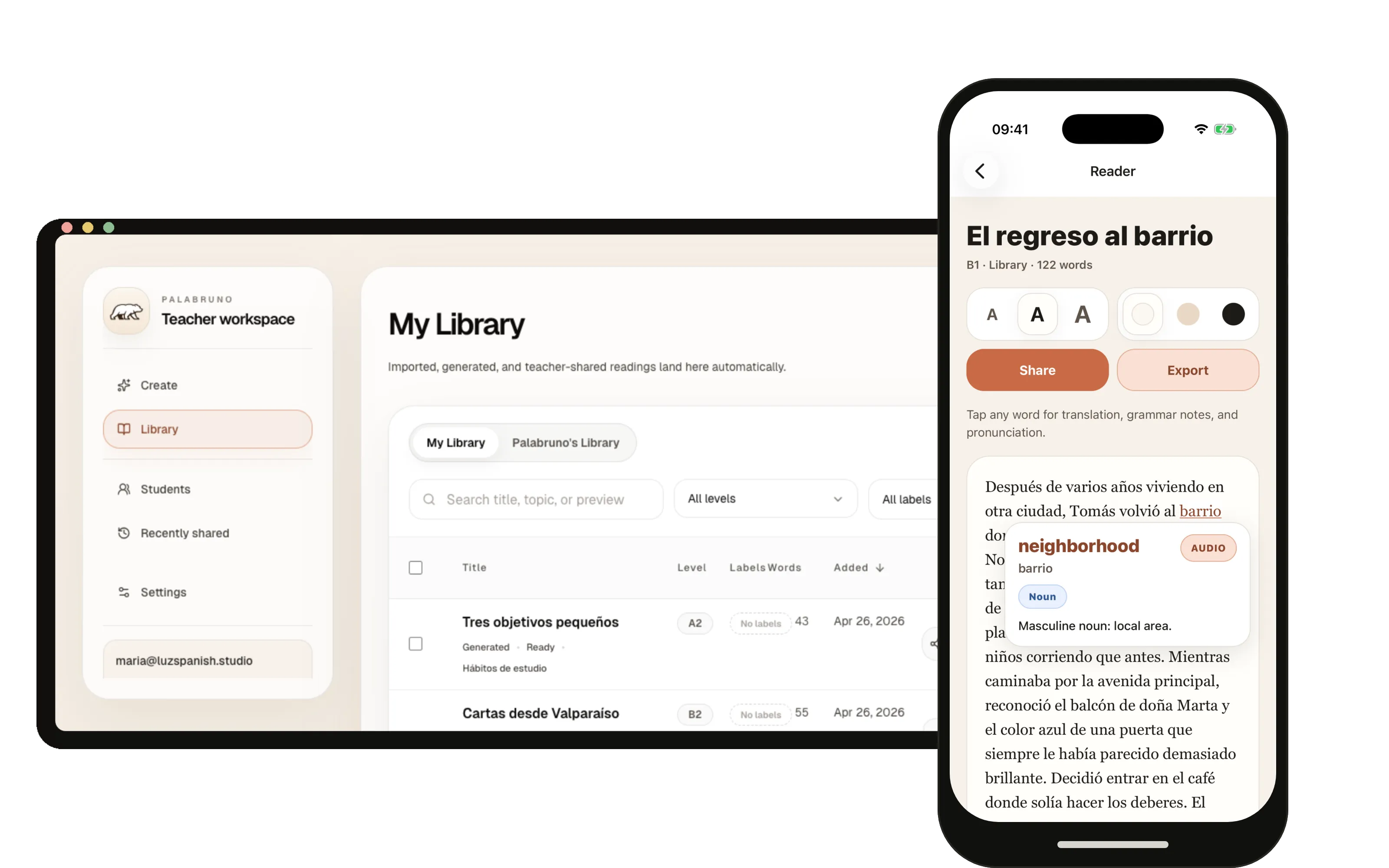 Palabruno teacher workspace and mobile reader product visual.