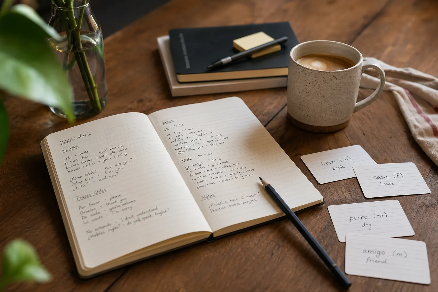 Language study notebook and vocabulary cards on a wooden table.