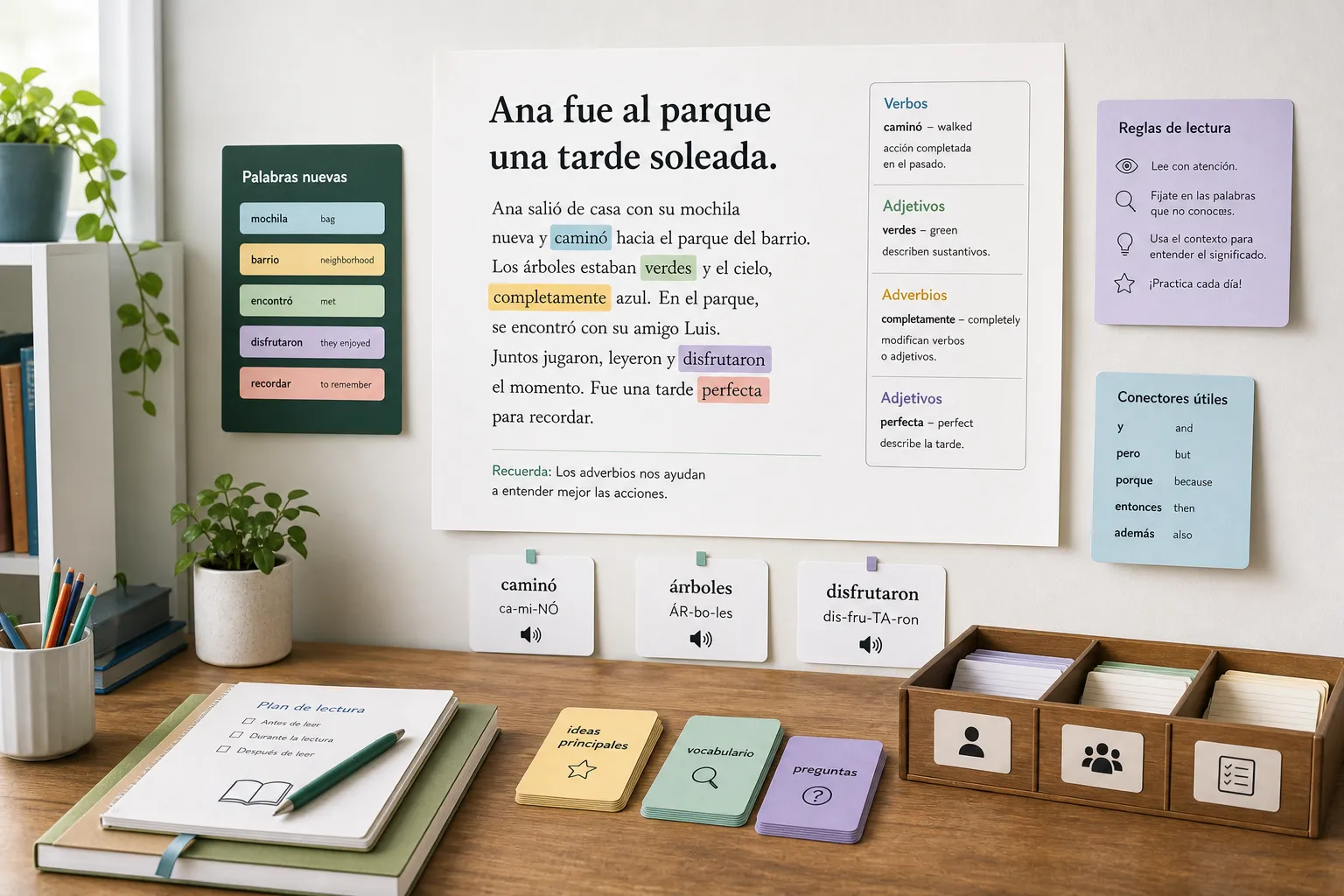 Spanish reading materials with vocabulary, grammar, and pronunciation cards.