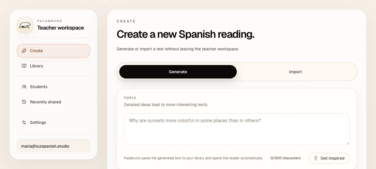 Palabruno teacher workspace for creating a Spanish reading.