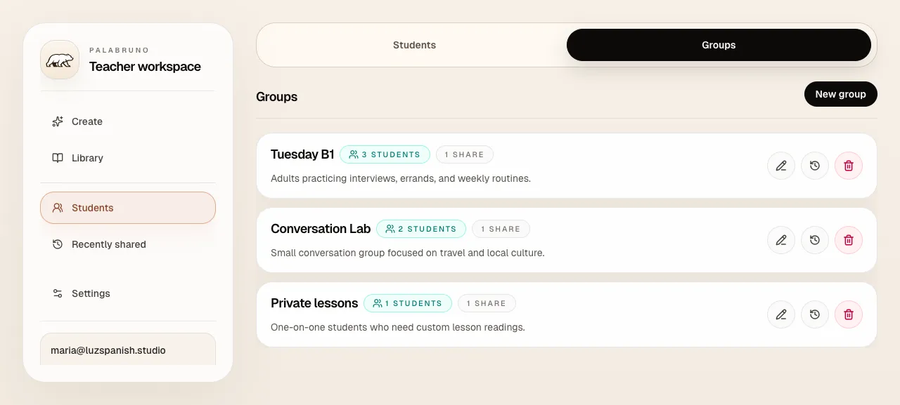 Palabruno teacher groups for recurring classes.