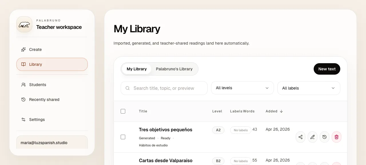 Palabruno teacher dashboard showing roster and shared reading workflow.