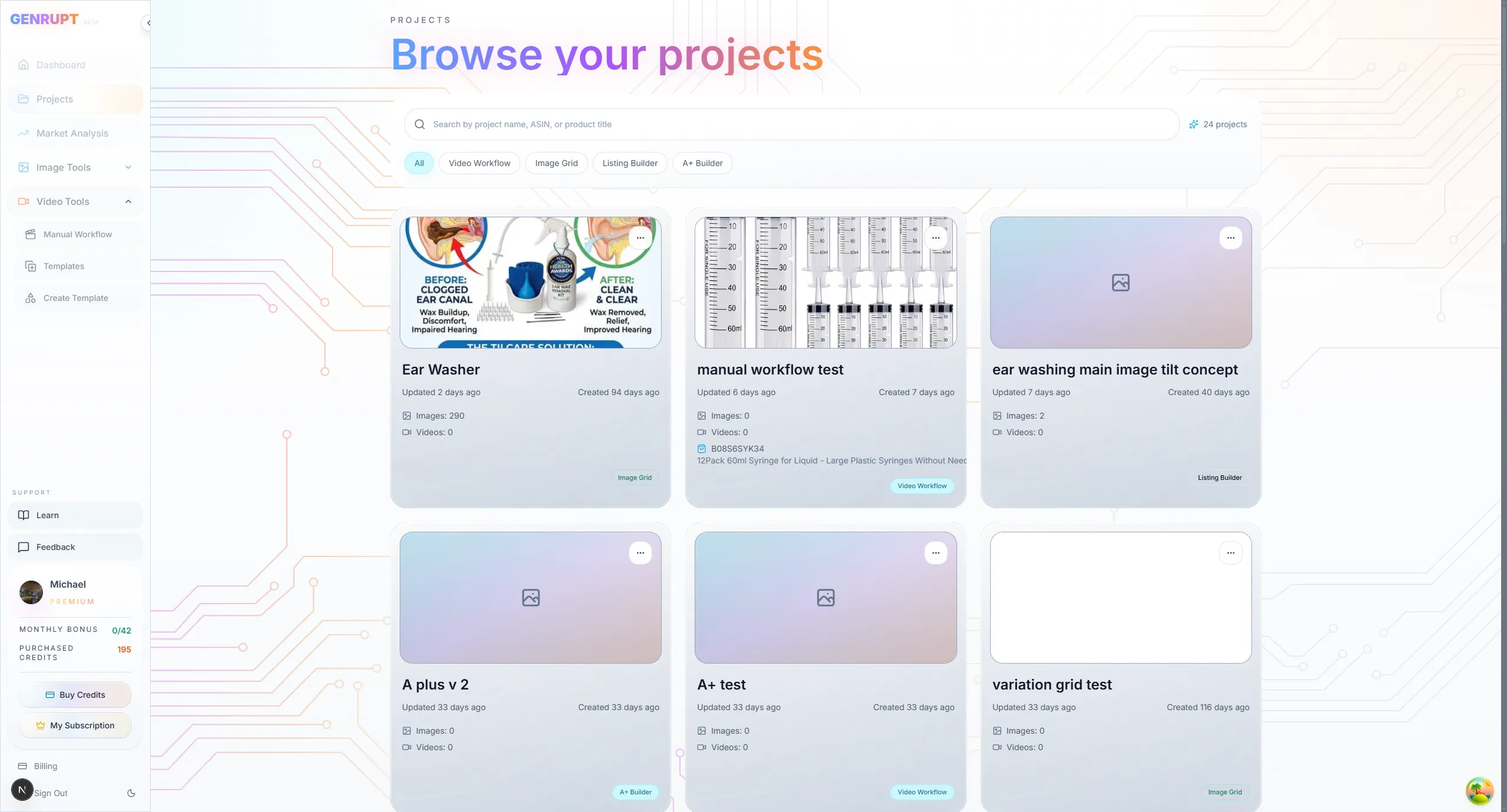 Genrupt projects dashboard showing seller workflow projects.