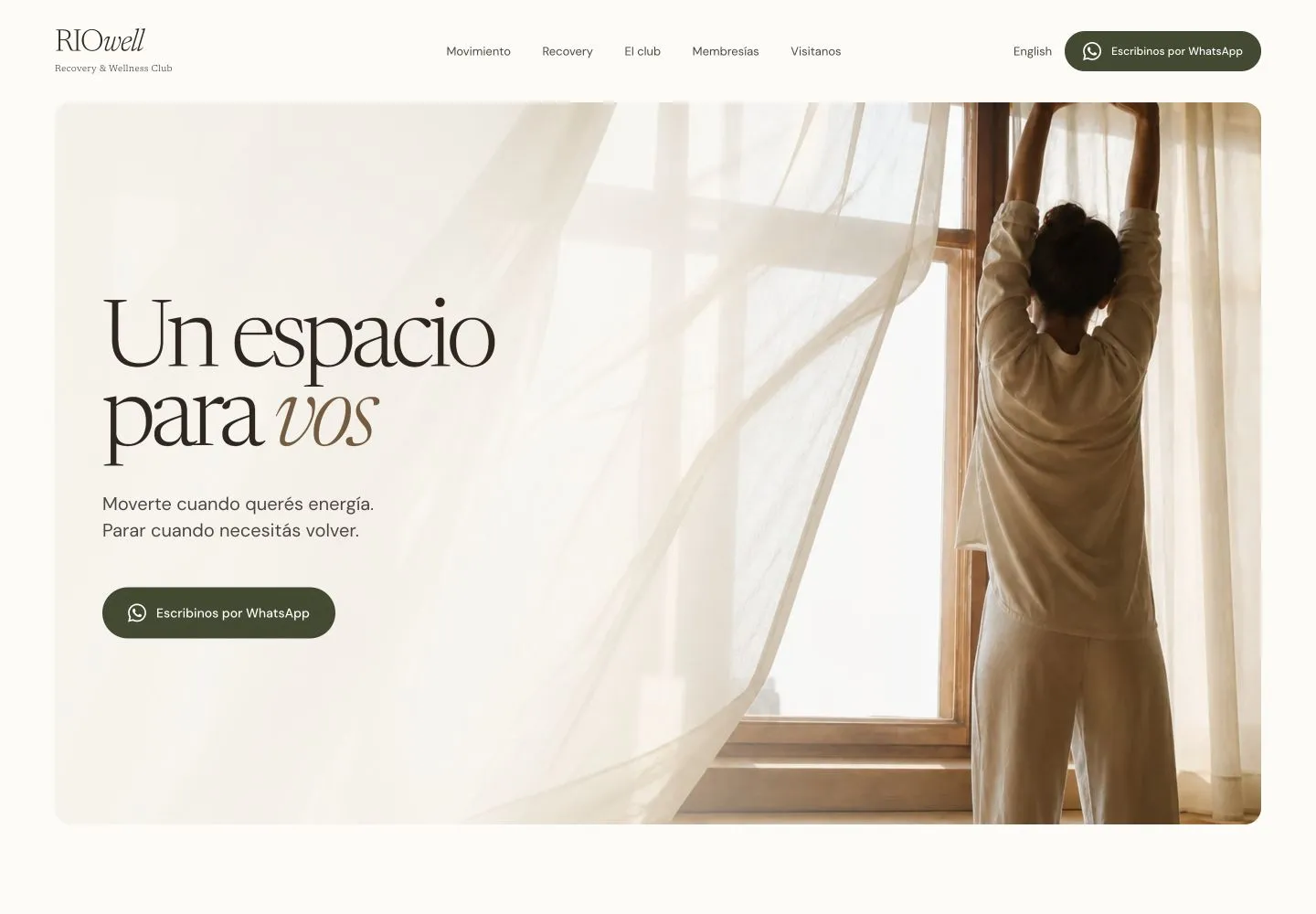 RIOwell website hero with a warm wellness photograph, Spanish headline, navigation, and WhatsApp action.