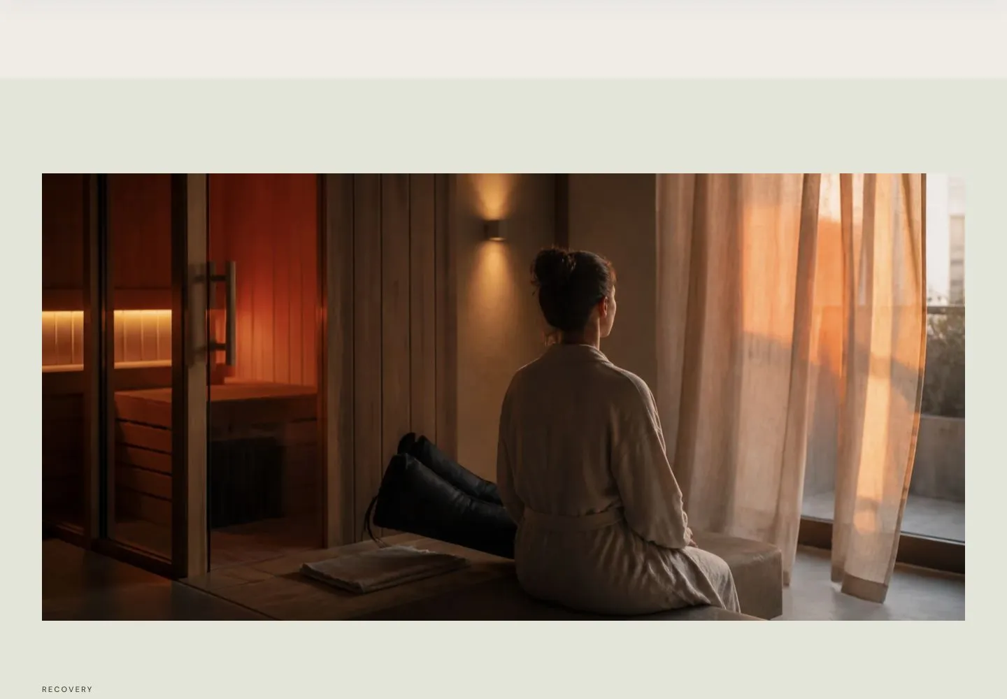 RIOwell recovery section with a sauna scene in a muted sage layout.