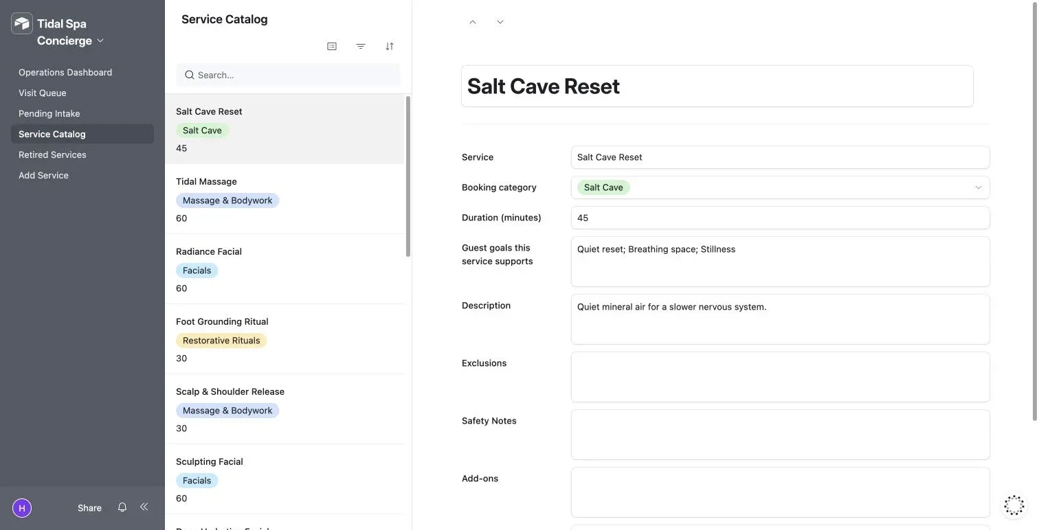 Published Airtable service catalog with editable eligibility and booking rules.