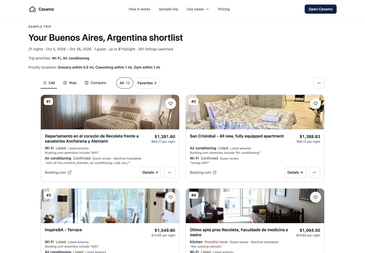 Casamo public sample shortlist with saved listing evidence.