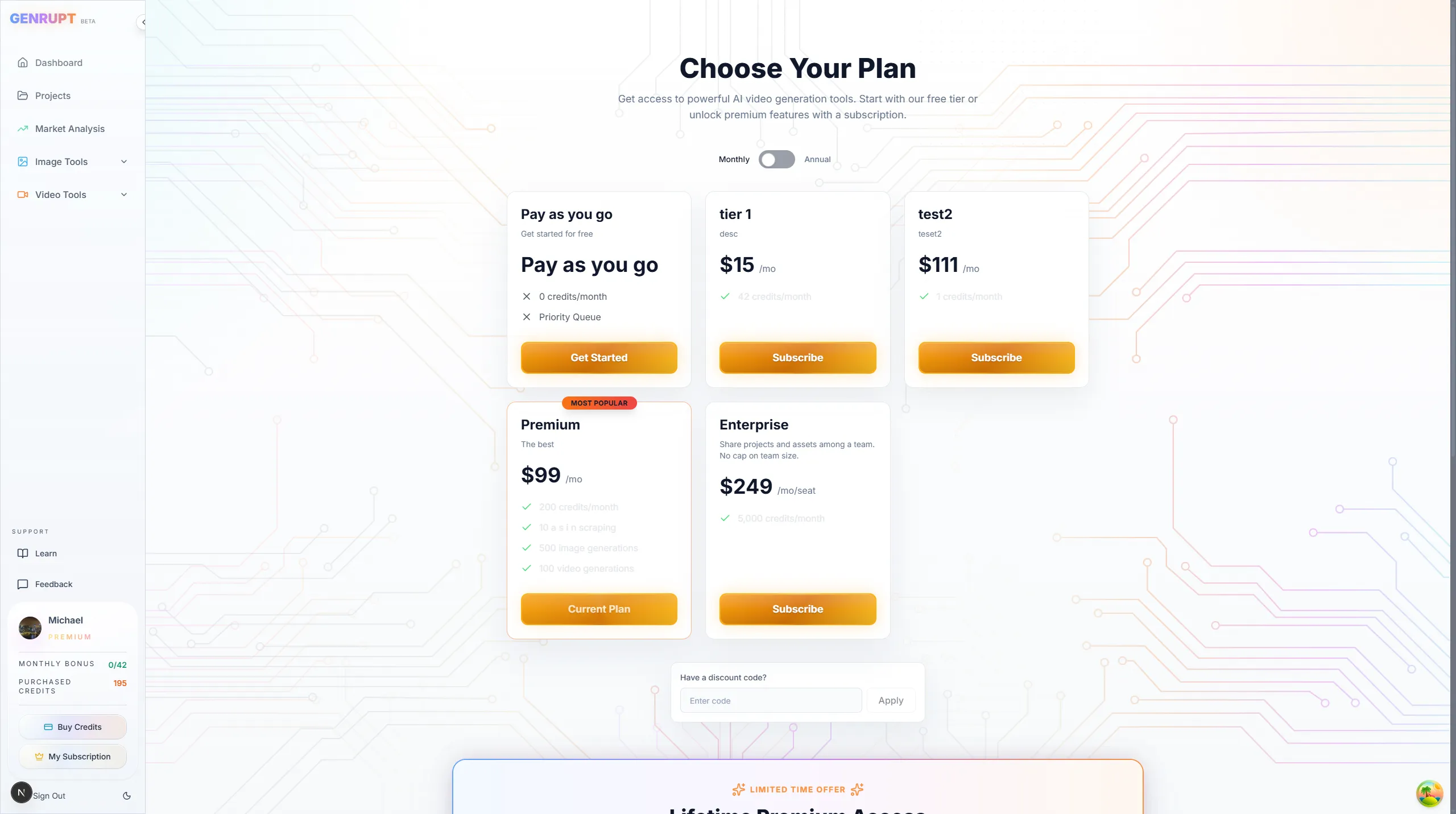 Genrupt subscription pricing plans for paid seller teams.