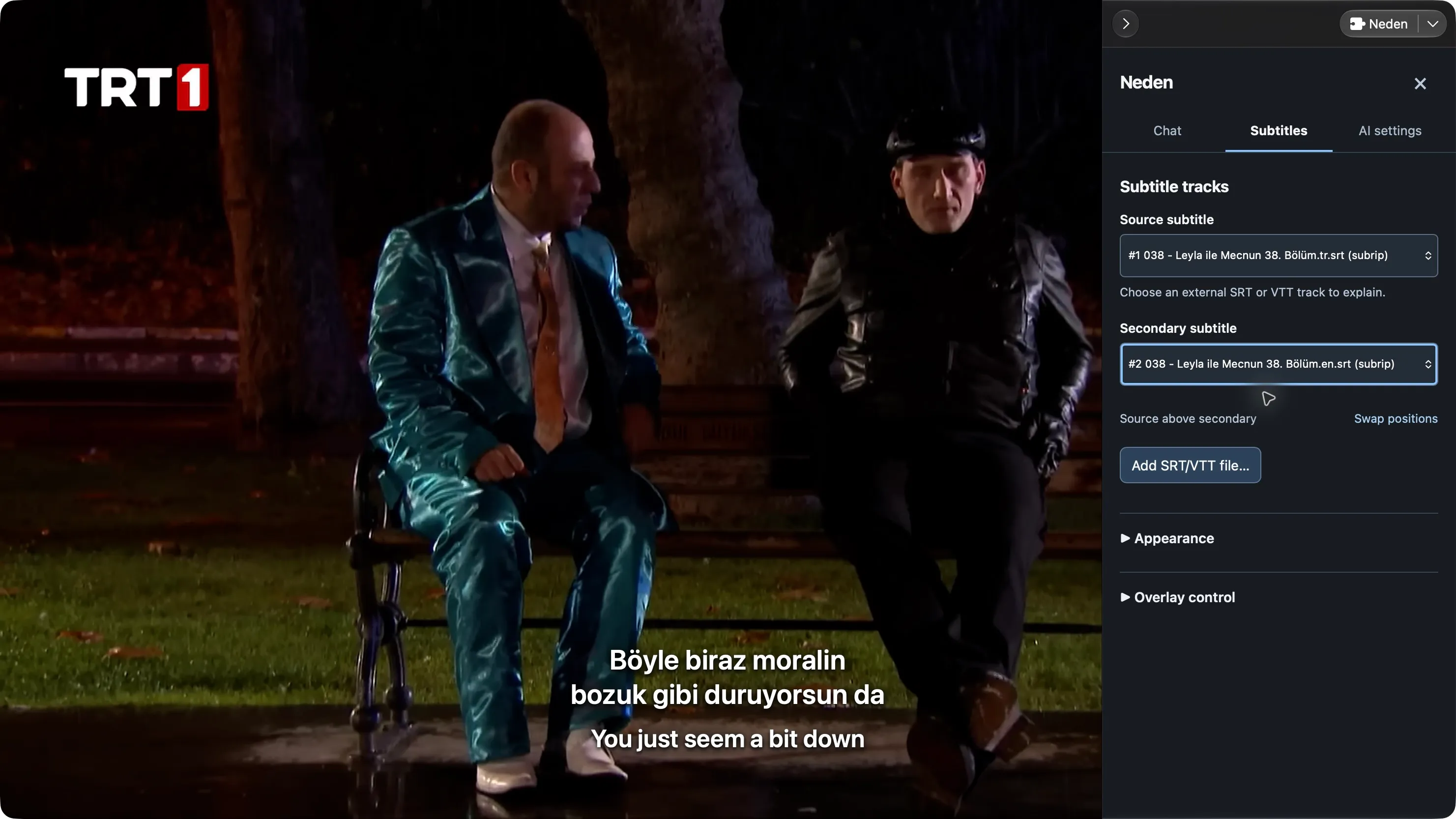 Neden's subtitle controls in IINA, with source and secondary subtitle tracks selected.