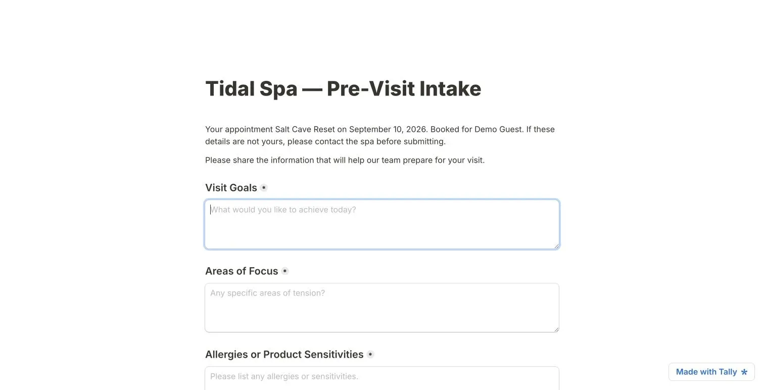 Tally pre-visit intake form for a Salt Cave Reset appointment with visit goals and areas-of-focus fields.