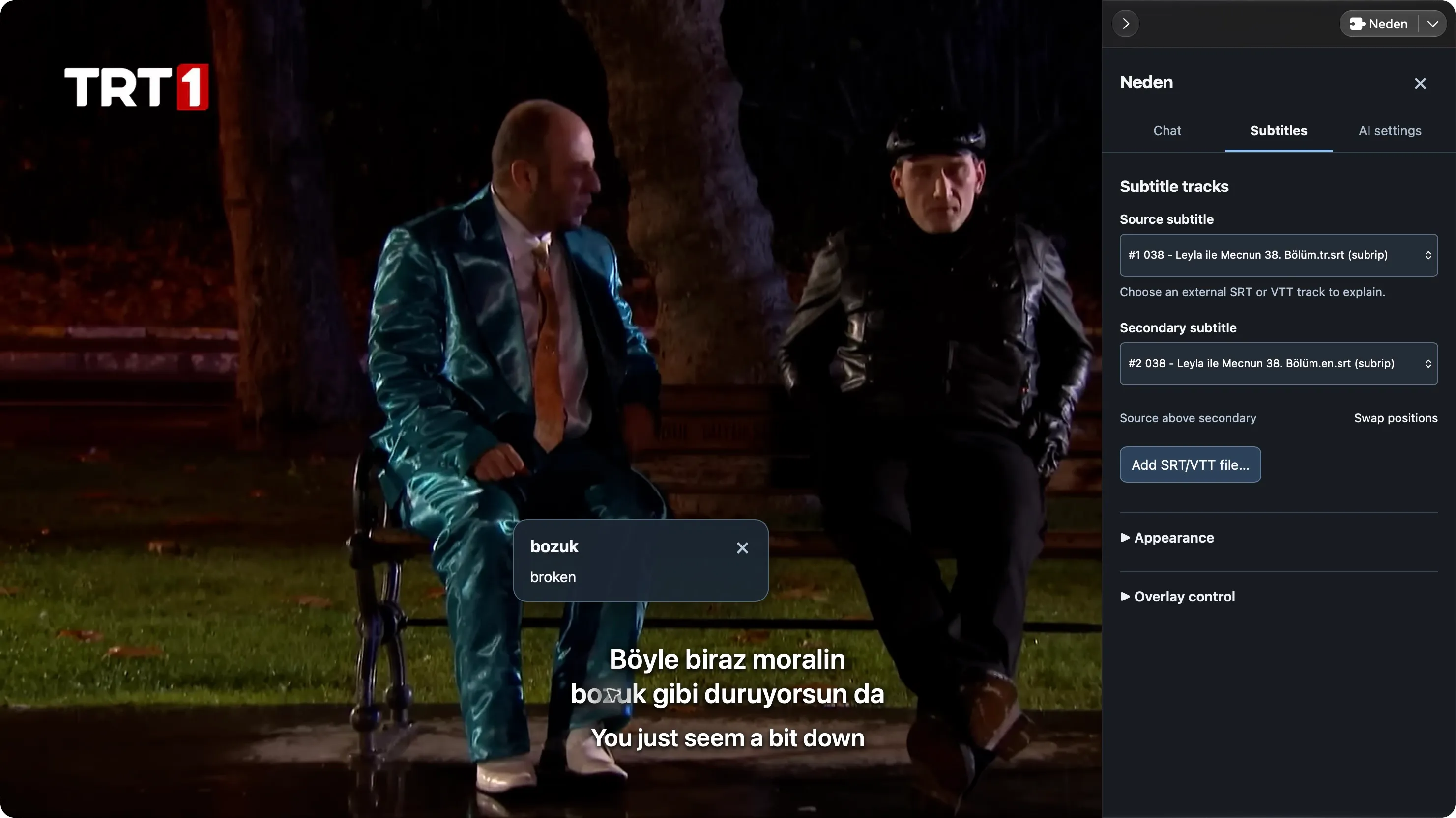 Neden word-meaning card displayed above a Turkish subtitle in IINA.