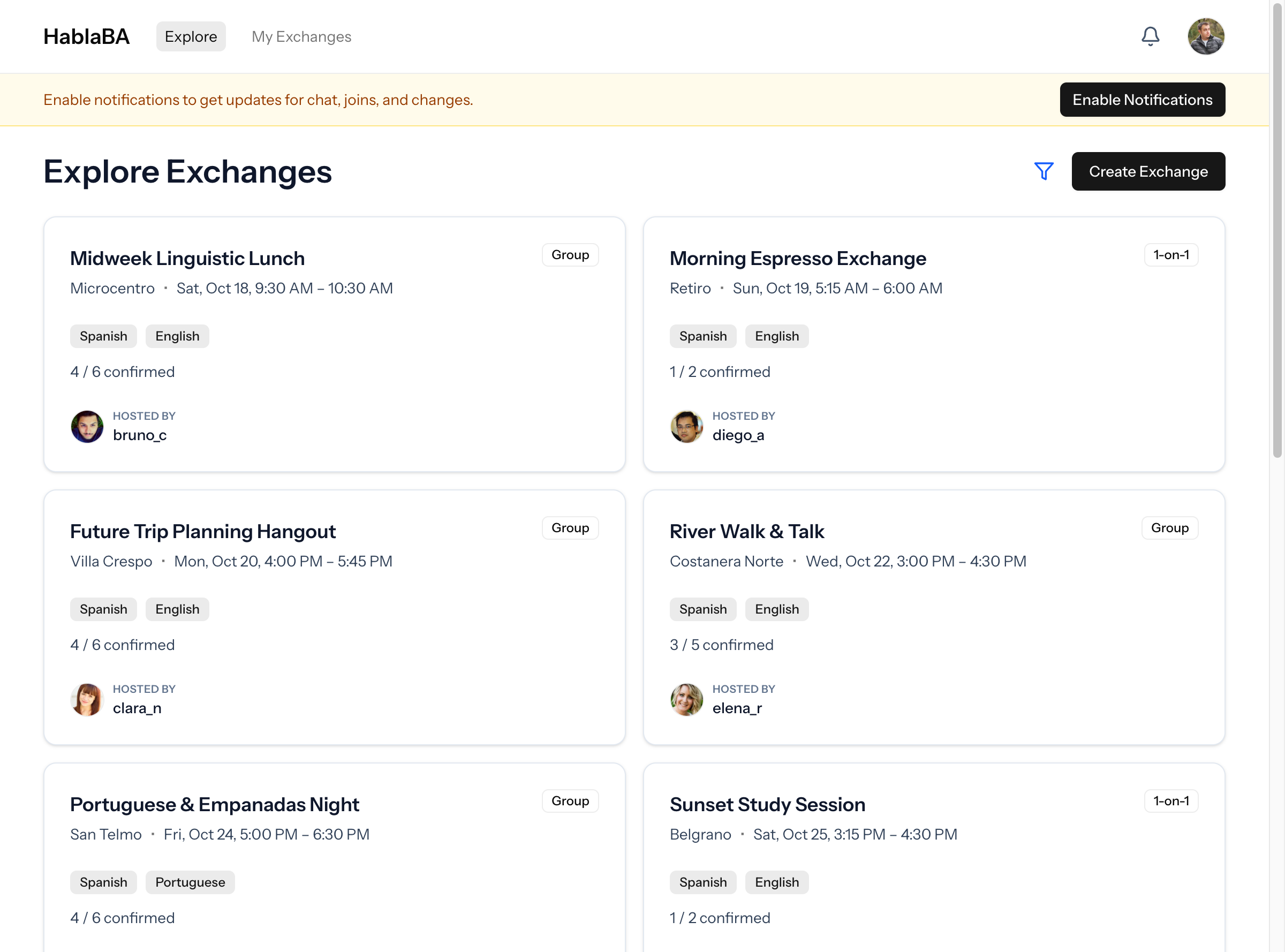 HablaBA explore page listing Buenos Aires language exchanges