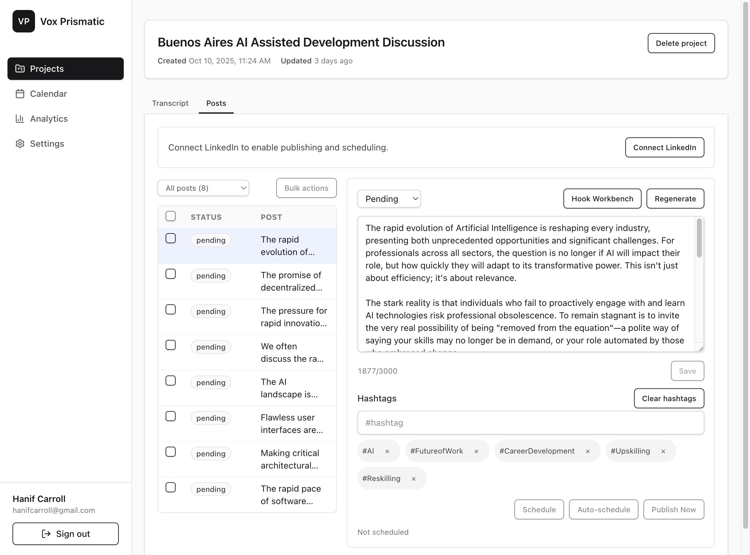 Vox Prismatic posts dashboard with pending content queue