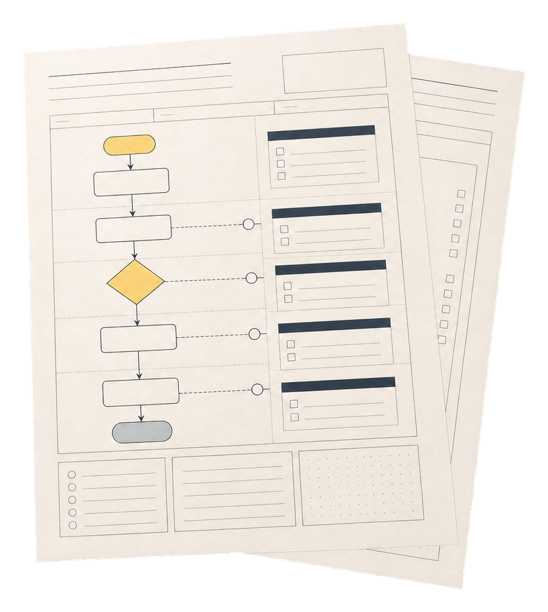 Process-mapping worksheet with workflow steps, handoffs, and a highlighted decision point